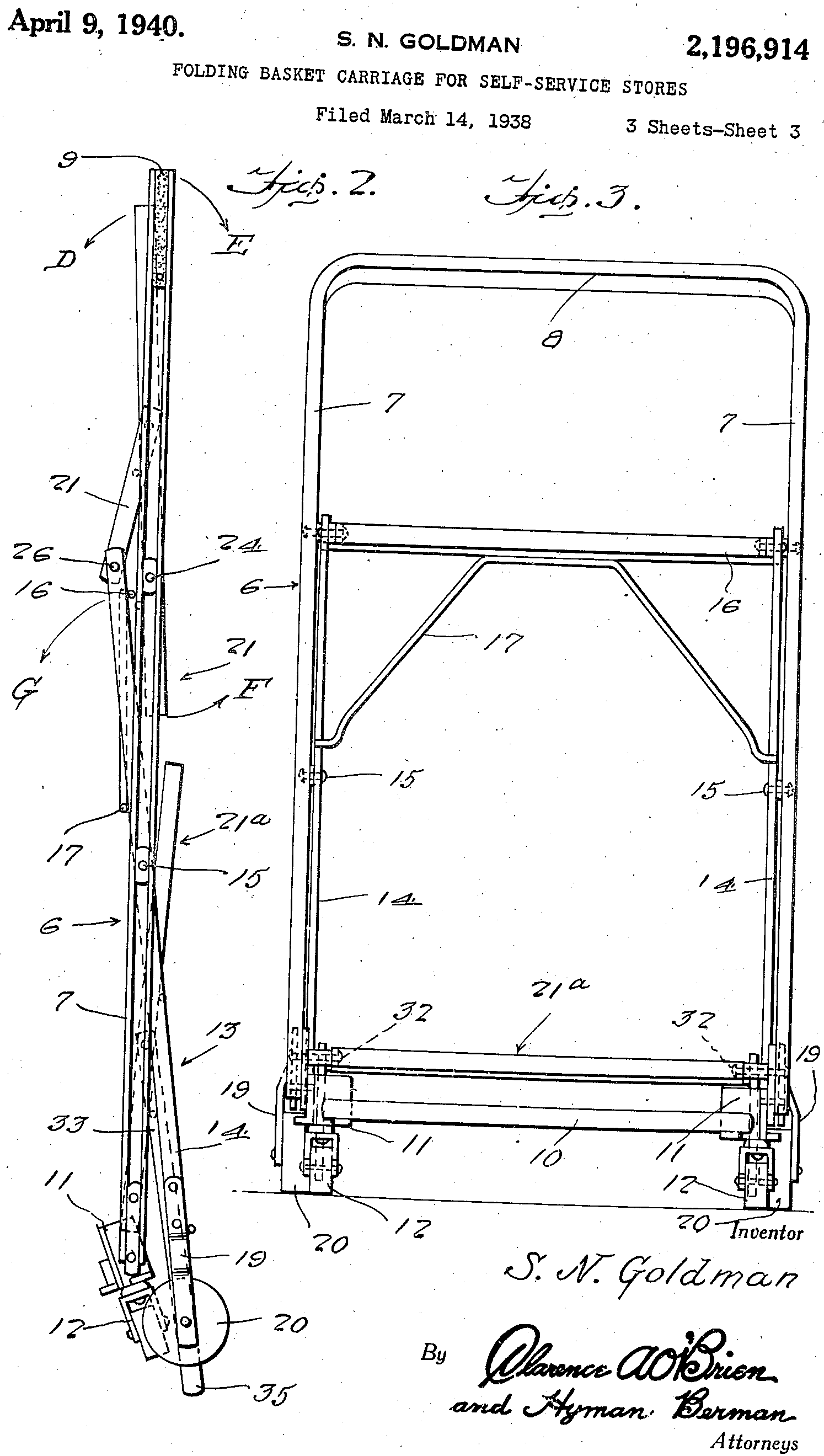 Dessin du brevet du chariot pliable conçu par Sylvan Goldman à la fin des années 1930.