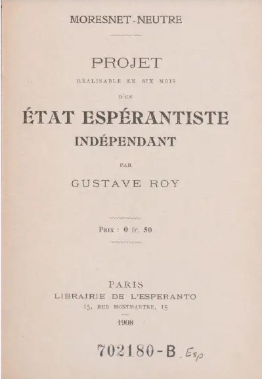 Couverture d’un livret de Gustave Roy consacré à Moresnet Neutre, illustrée d’une carte du territoire.